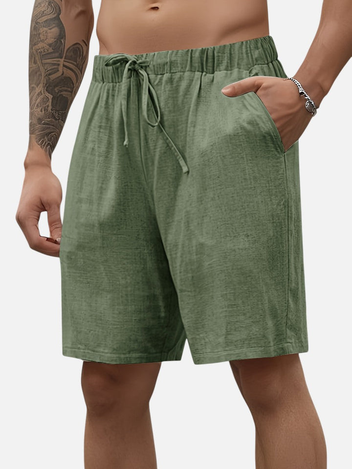 Black casual men's linen shorts, relaxed fit, with drawstring for versatile summer and everyday wear.