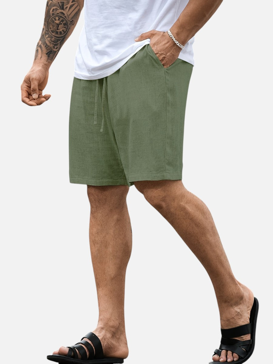 Gray linen drawstring shorts for men, above knee, perfect pocket shorts for effortless summer style.