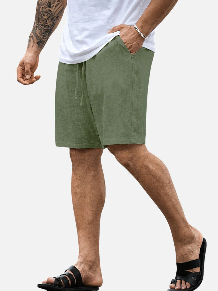 Gray linen drawstring shorts for men, above knee, perfect pocket shorts for effortless summer style.