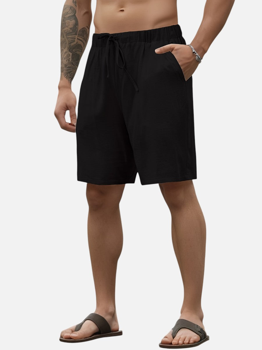 Stylish men's cream linen shorts, drawstring, relaxed fit, perfect for beach days or casual outings.