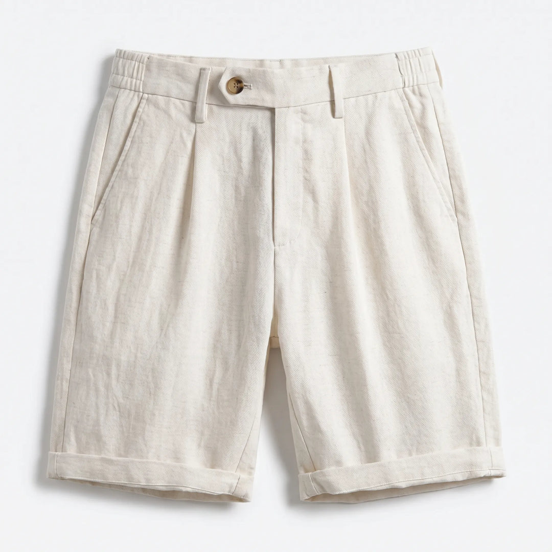 Versatile men's classic linen pleated shorts with turn-up cuff. Great for smart casual, summer, and vacation fashion.