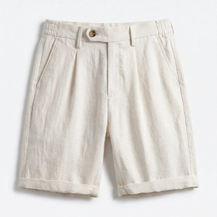 Versatile men's classic linen pleated shorts with turn-up cuff. Great for smart casual, summer, and vacation fashion.