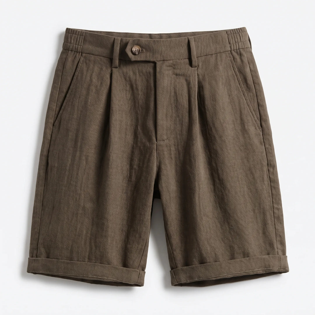 Men's fashion: Classic linen pleated shorts with turn-up cuff. Smart casual men's shorts for warm weather & comfort.