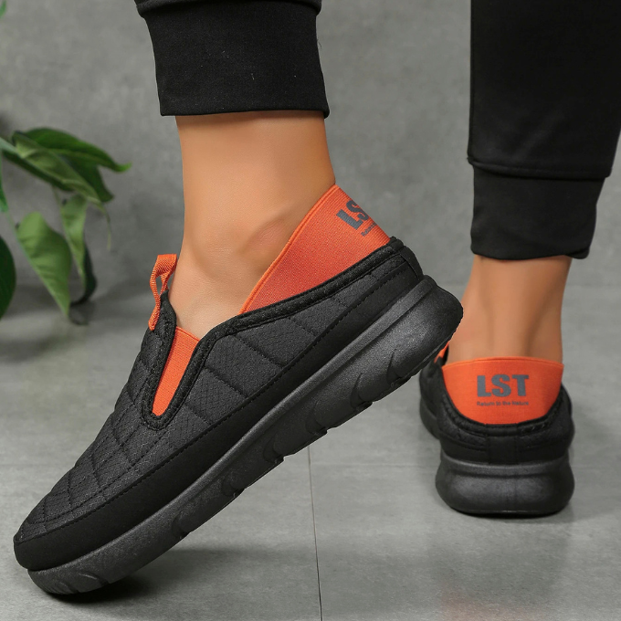 Men's foot support walking shoes, easy slip-on orthopedic design, cozy & cushioned.