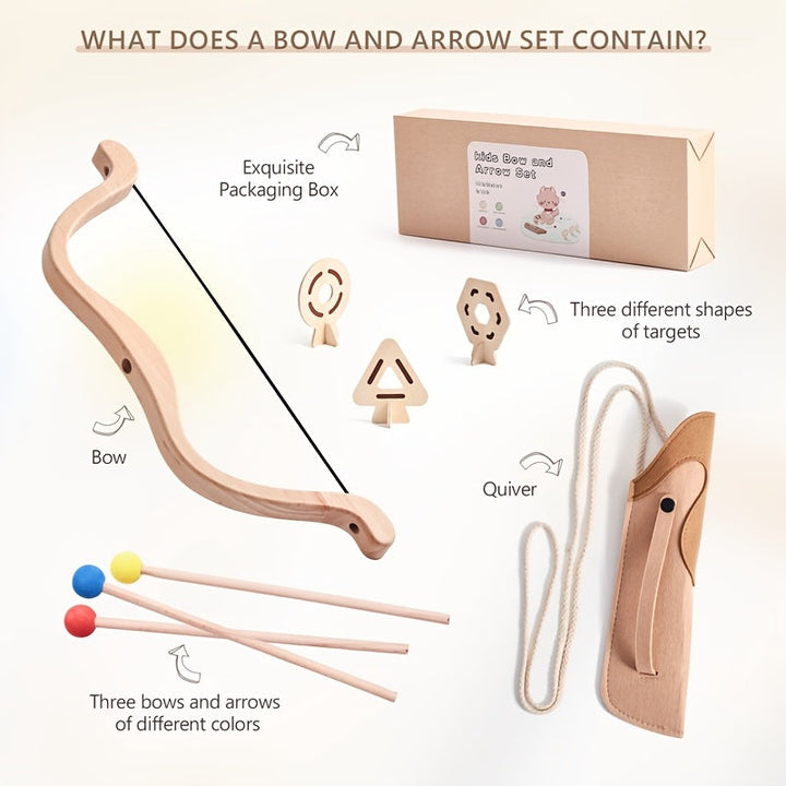 Children enjoying a wooden archery bow & arrow set, engaging in educational outdoor play.