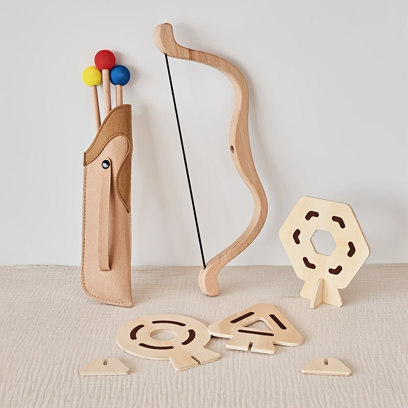 Wooden children's archery set with bow & arrows, perfect for educational outdoor fun & skill building.