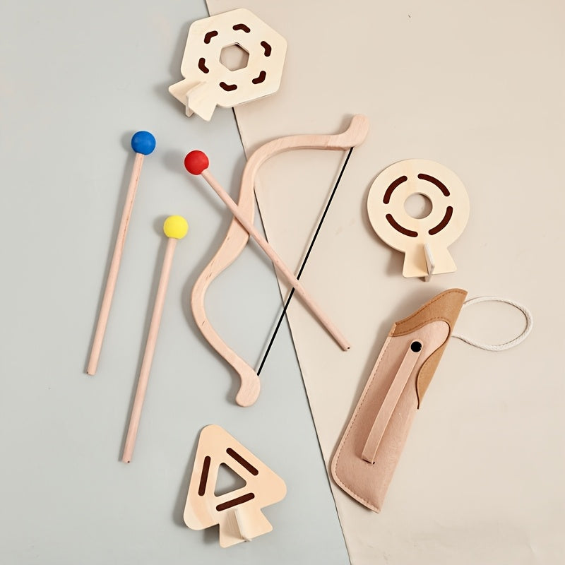 Durable wooden children's archery set, an educational outdoor toy for developing kids' skills.