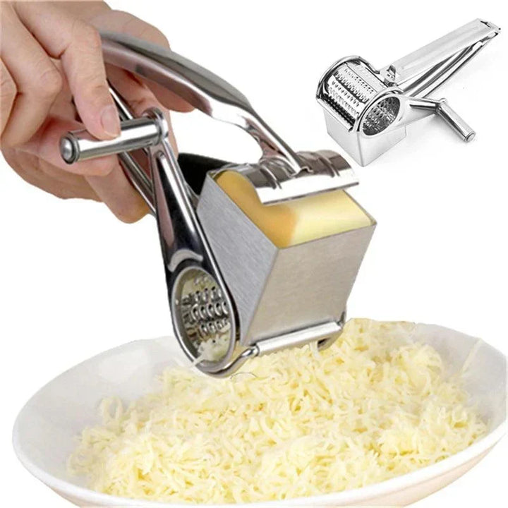 Stainless steel manual rotary grater, ideal for cheese, vegetables, & nuts. Easy food prep tool.
