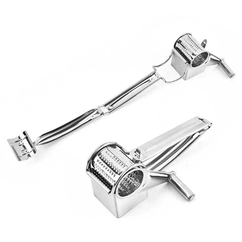 Hand-crank rotary grater, a versatile kitchen tool for shredding cheese, vegetables, & chocolate.