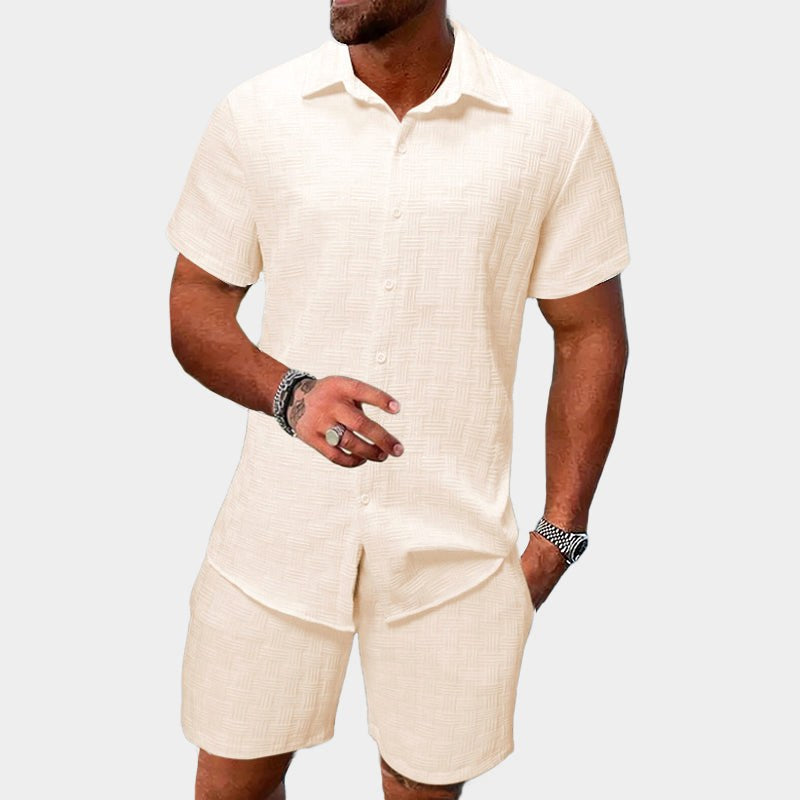 Men's short sleeve jacquard lounge set, a comfortable and casual two-piece with textured fabric, perfect for summer.