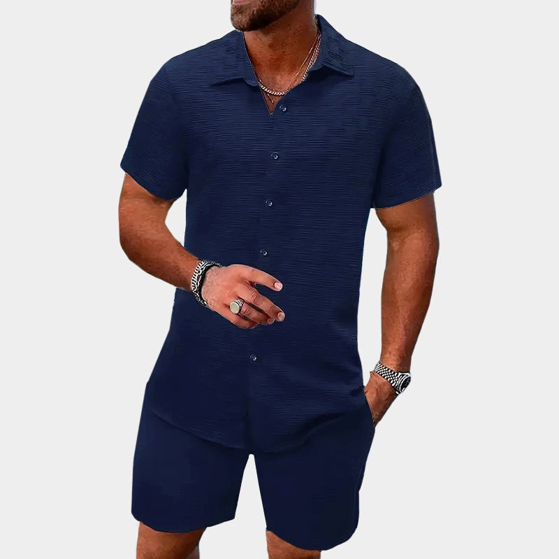 Textured jacquard men's short sleeve lounge set, a fashionable two-piece for relaxed comfort and casual summer style.