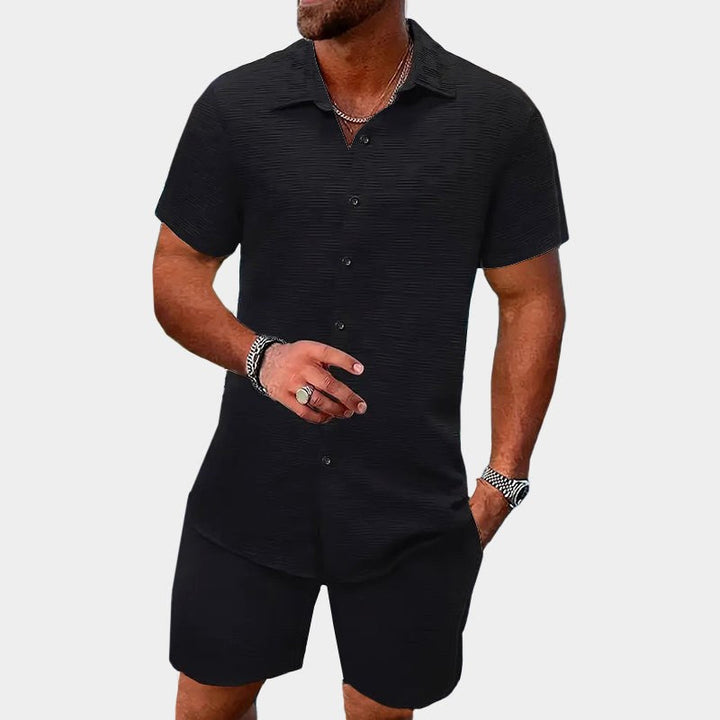 Men's comfortable short sleeve jacquard two-piece lounge set. Casual textured summer outfit for ultimate relaxation.