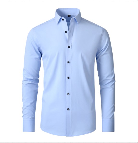Man wearing a tailored slim fit stretch shirt, looking sharp and comfortable for business.