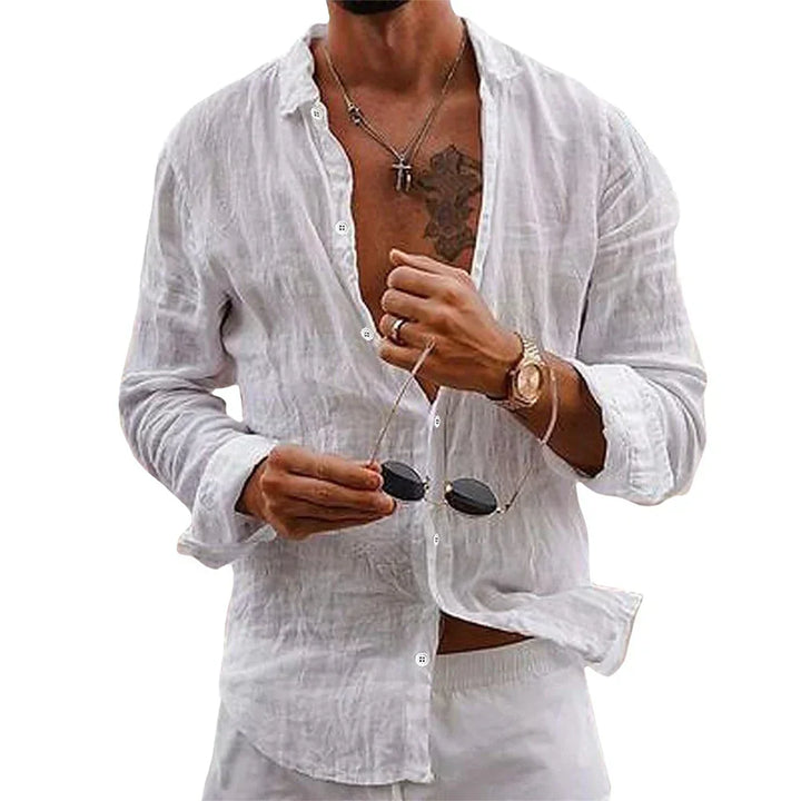 Men's relaxed fit button-up long sleeve shirt, perfect for casual summer outings and warm weather.