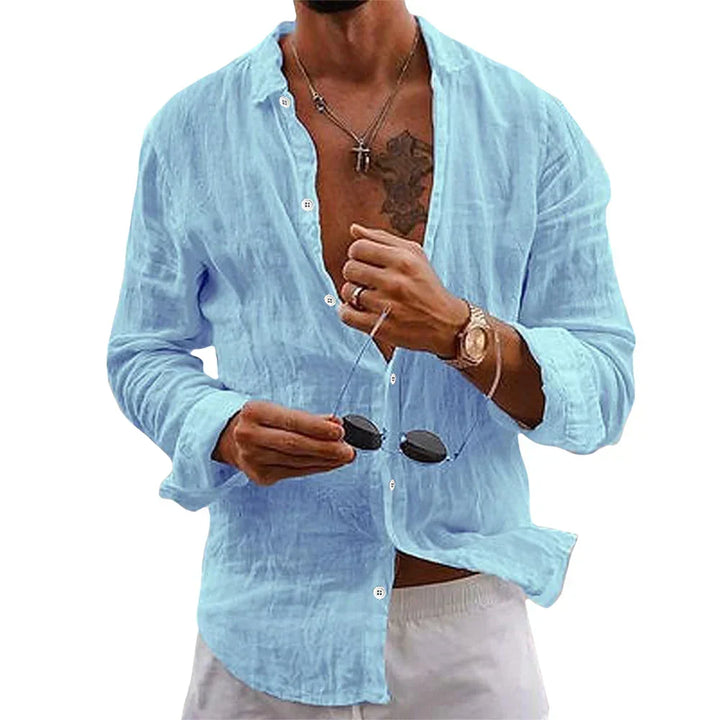 Casual men's long sleeve button-up shirt in a relaxed fit, ideal for beach, holiday, and resort wear.
