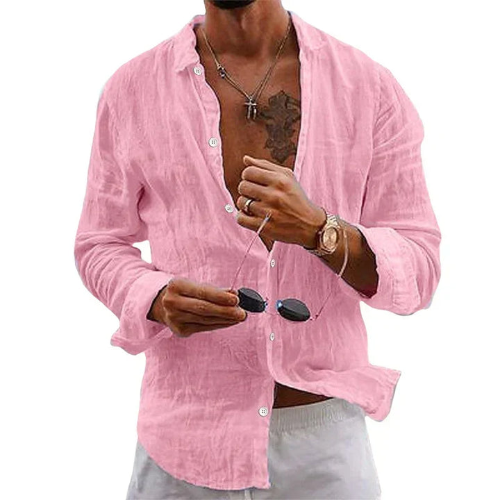 Versatile men's relaxed fit long sleeve button-up shirt for summer fashion, beachwear, or casual wear.