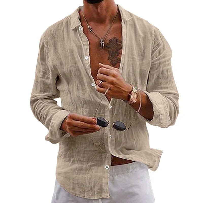 Comfortable men's relaxed fit long sleeve button-up shirt, great for summer, warm weather, and holidays.