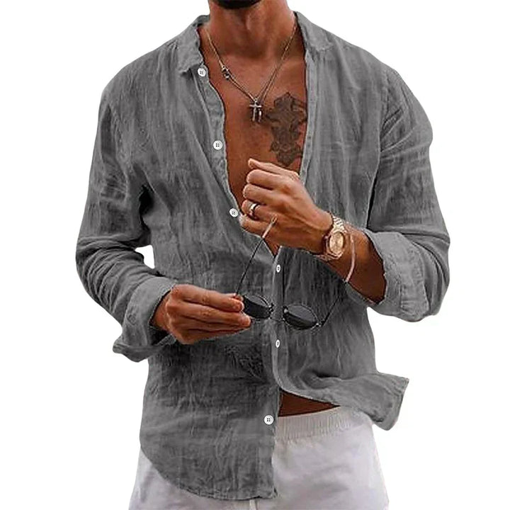 Men's button-up long sleeve shirt, relaxed fit, perfect for casual summer style and resort fashion.