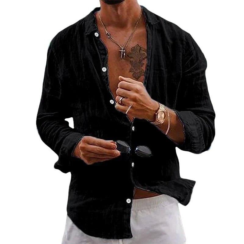 Relaxed fit men's long sleeve button-up shirt, a casual summer essential for warm weather fashion.