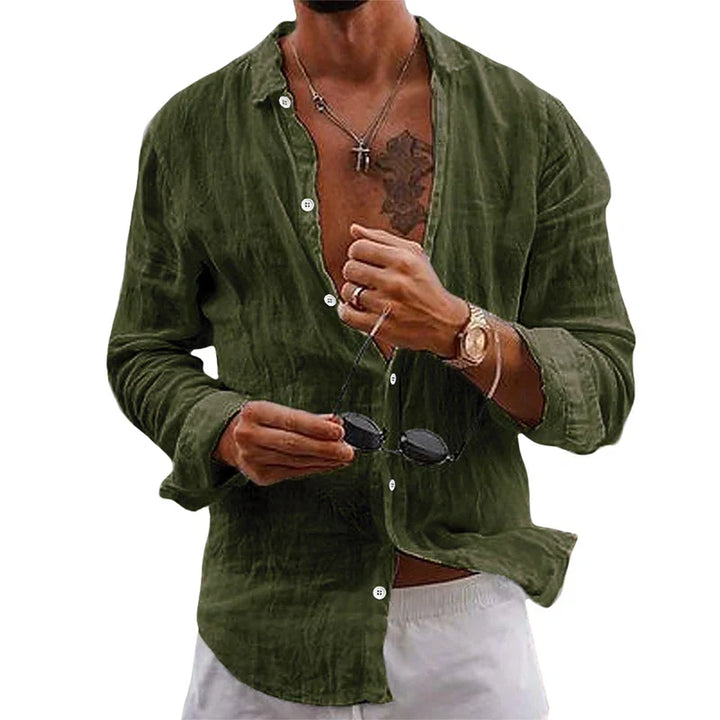 Men's relaxed fit long sleeve shirt, button-up holiday wear for summer, beach, and casual resort style.