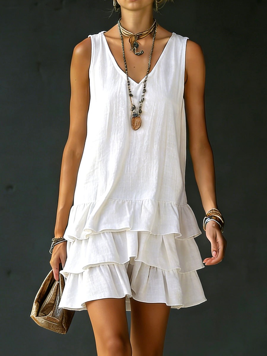 Stylish women's V-neck tunic dress with ruffle hem, perfect for effortless sleeveless summer style.