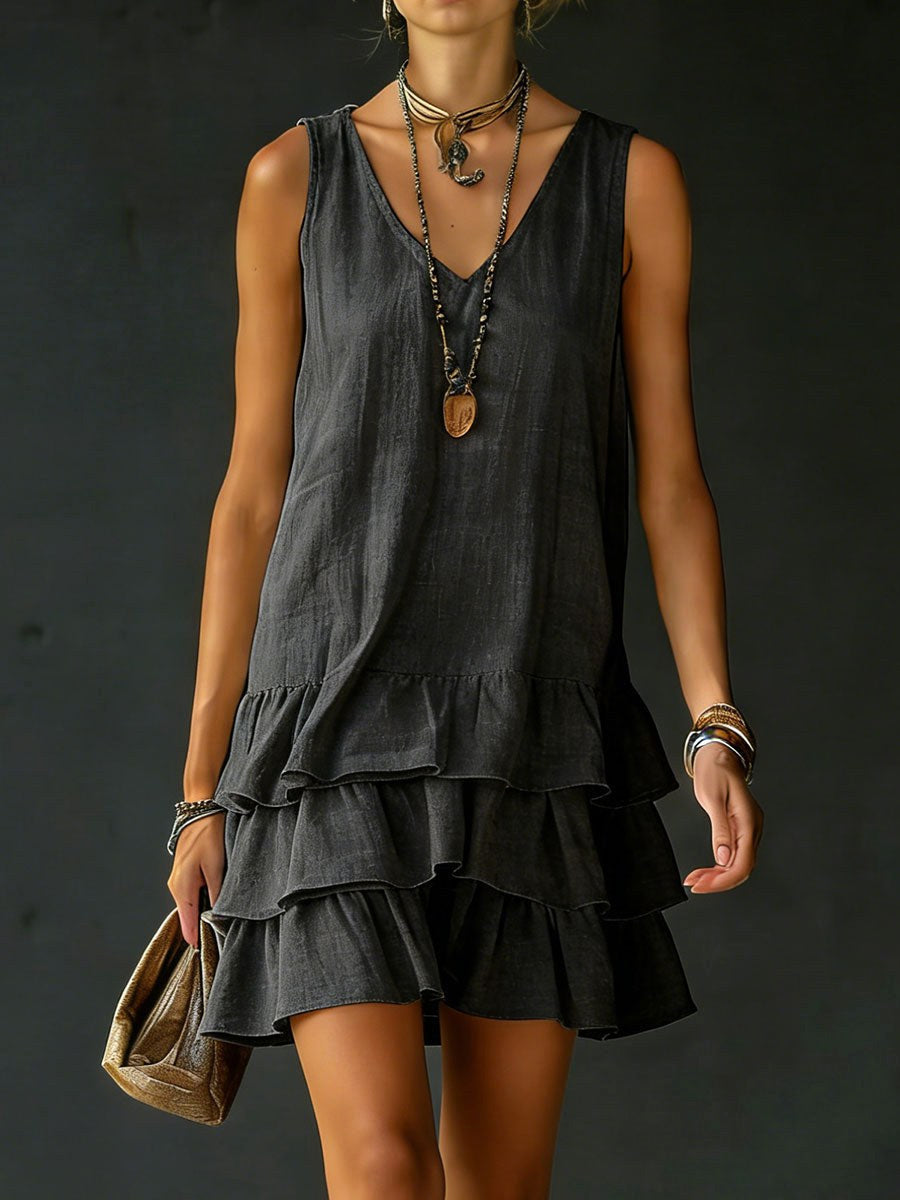 Beautiful women's sleeveless V-neck tunic dress with ruffle hem. The ultimate comfortable summer dress for any occasion.