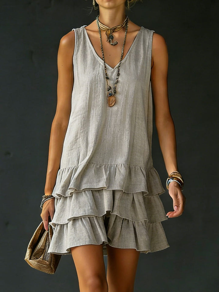 Women's summer V-neck tunic dress, sleeveless with a beautiful ruffle hem. Versatile for beach, vacation & casual.