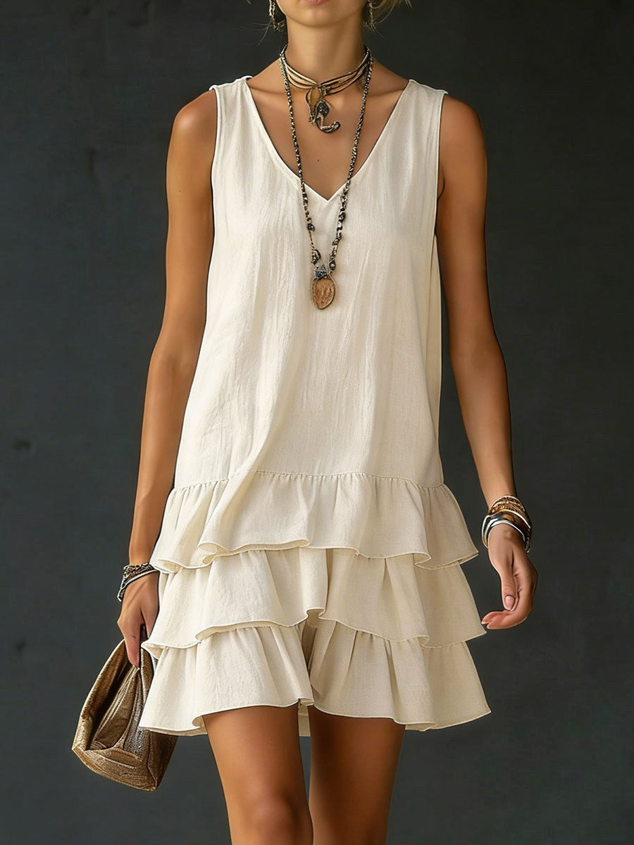 Elegant women's sleeveless V-neck tunic dress, featuring a flowy ruffle hem. Ideal comfortable summer casual attire.