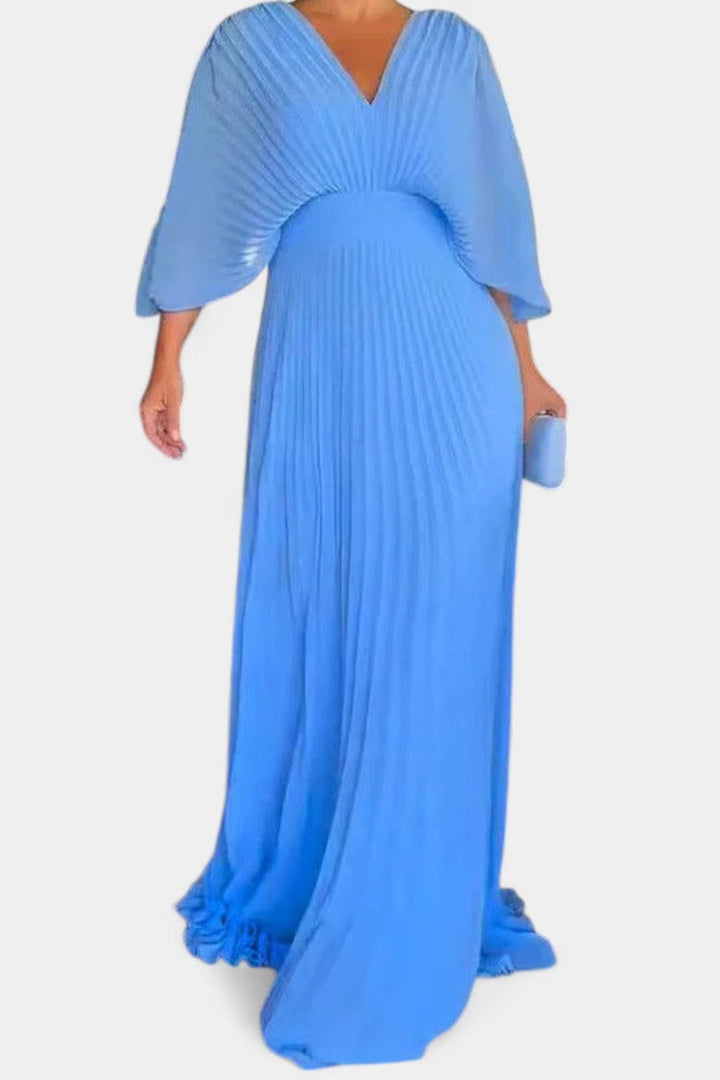 Beautiful women's long pleated maxi dress with a V-neck, offering an elegant & comfortable summer special occasion look.