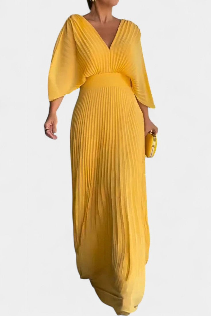 Sophisticated women's pleated V-neck maxi dress, a versatile elegant long dress for any special occasion.