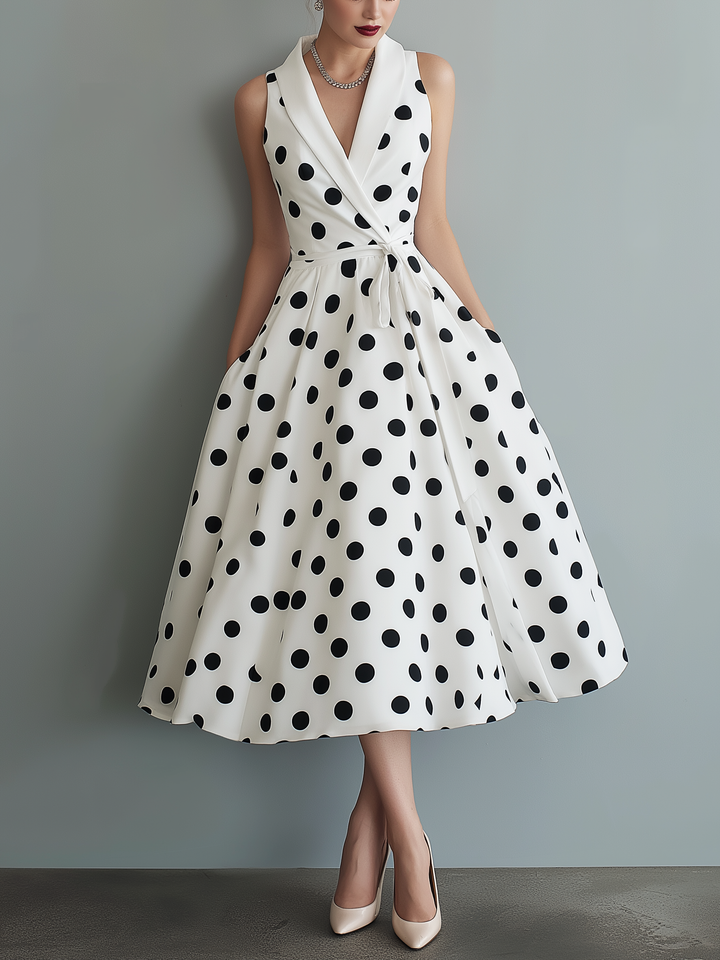 Elegant women's polka dot collared wrap midi dress with tie waist. Perfect for garden parties & sophisticated day wear.