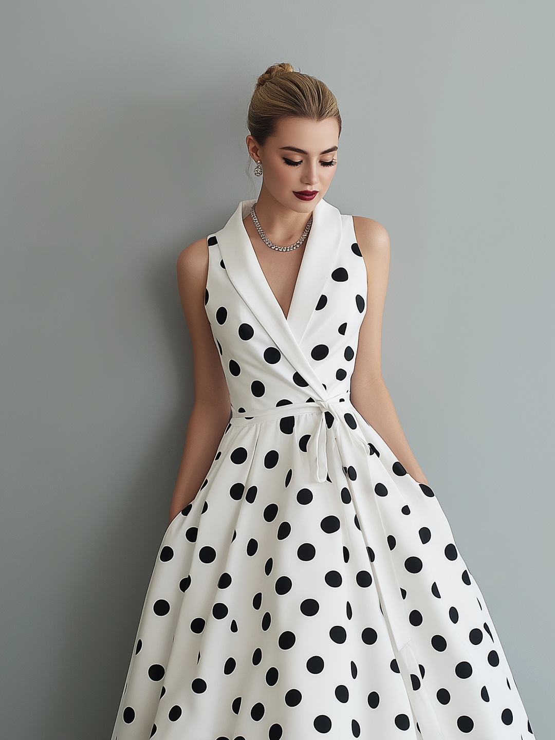 Chic women's collared wrap midi dress with black polka dots. Ideal for races, day events, or elegant garden party attire.