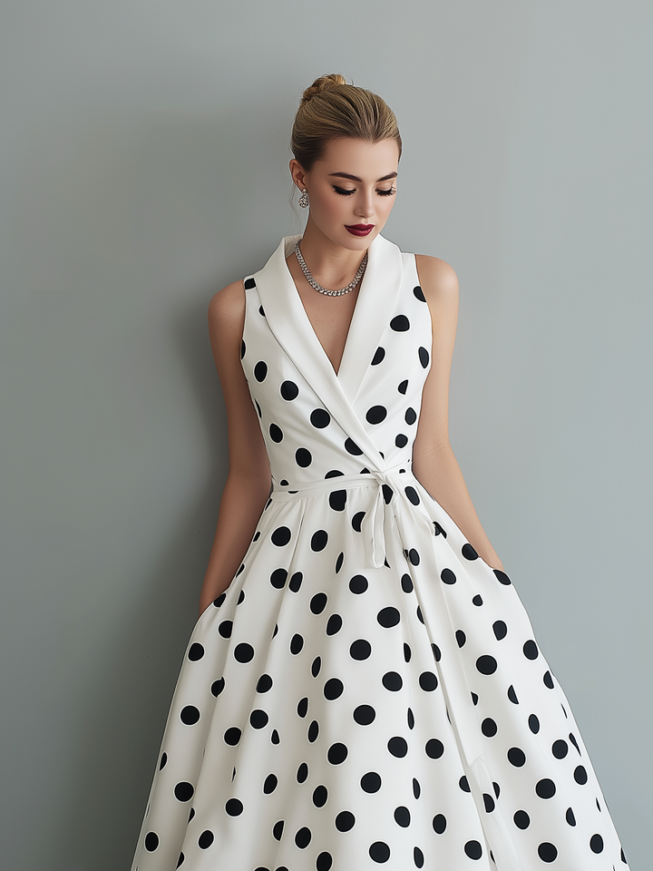 Chic women's collared wrap midi dress with black polka dots. Ideal for races, day events, or elegant garden party attire.