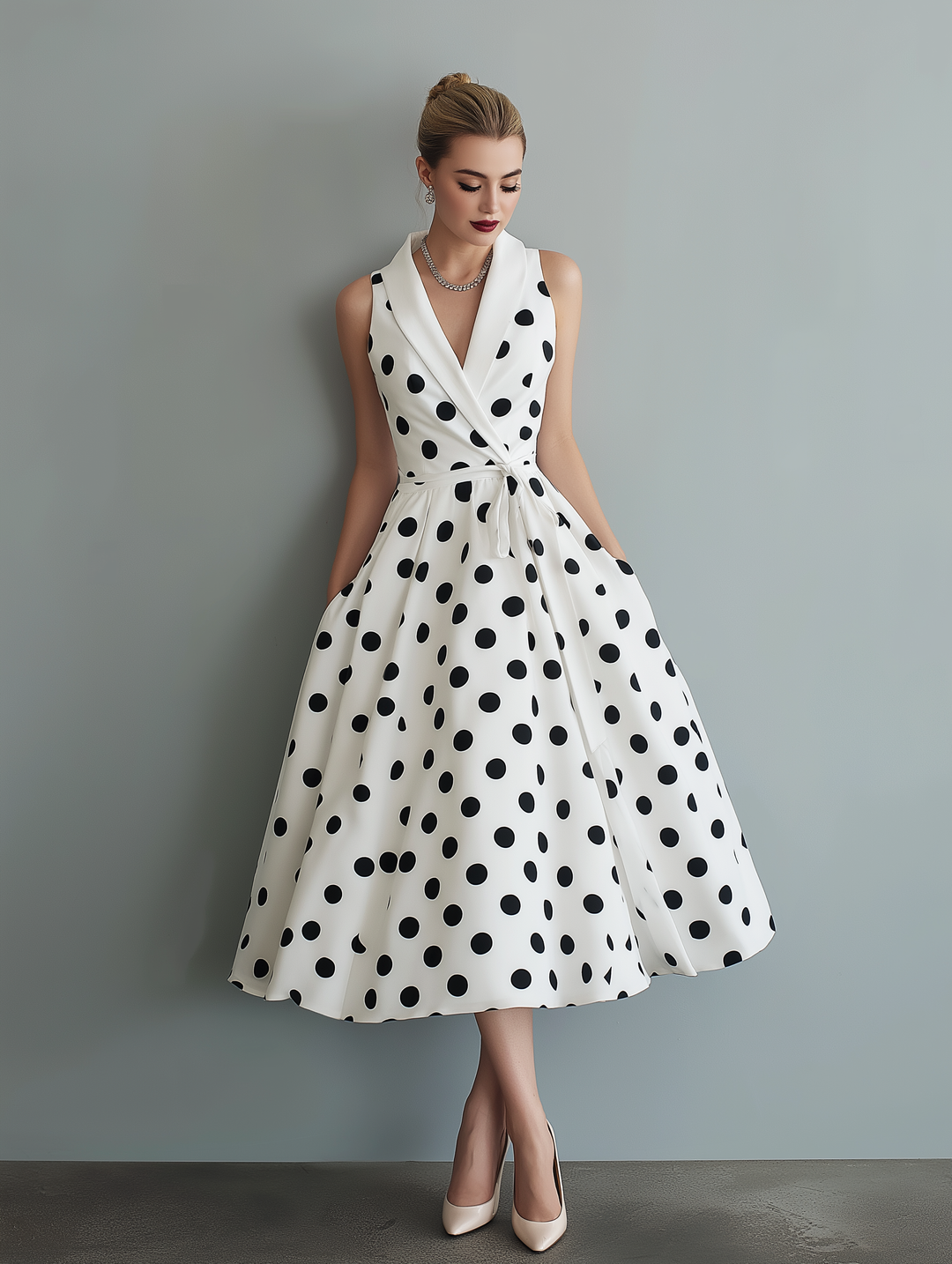Sophisticated women's polka dot midi dress featuring a stylish collar, flattering wrap design, and chic tie waist detail.