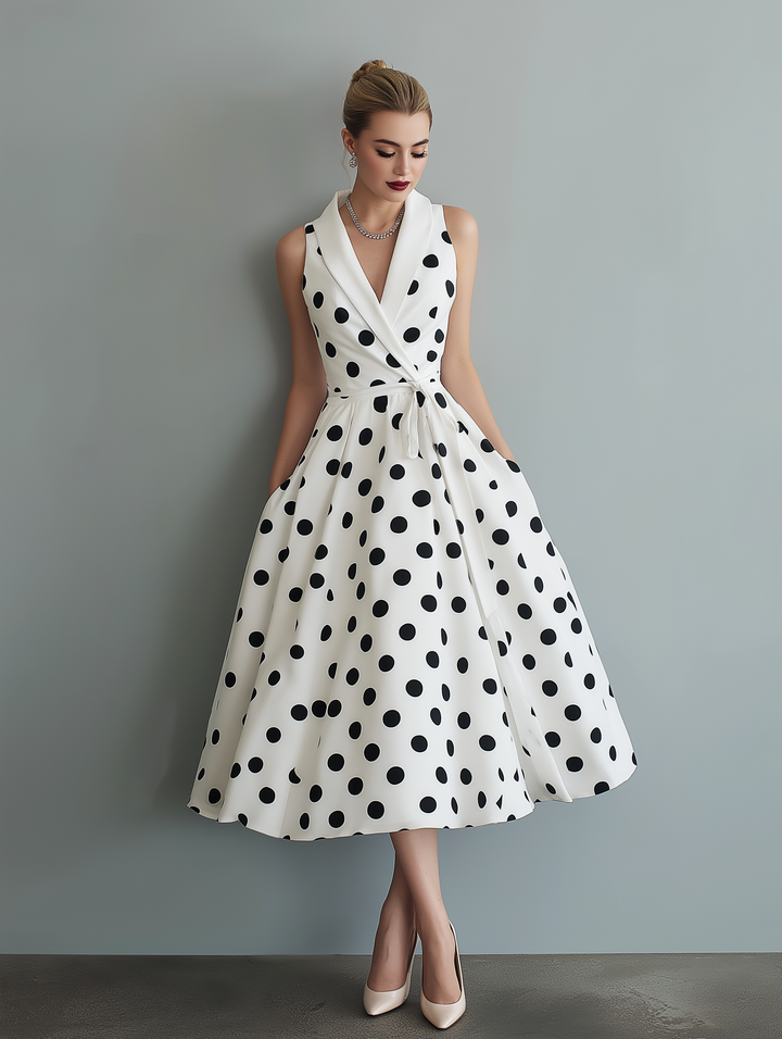 Sophisticated women's polka dot midi dress featuring a stylish collar, flattering wrap design, and chic tie waist detail.