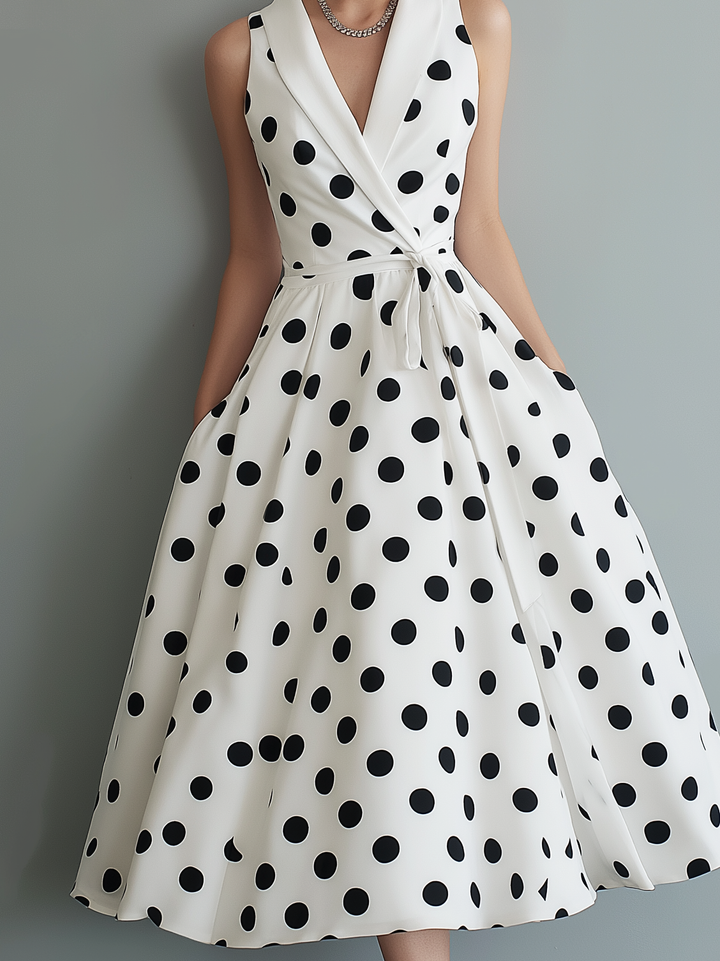 Stylish women's elegant midi dress in a polka dot print, featuring a classic collar and comfortable wrap silhouette.