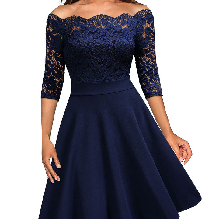 Elegant women's off-shoulder A-line midi party dress for special occasions or cocktail events.