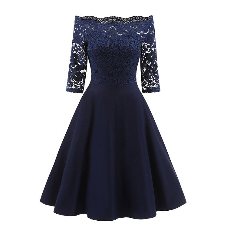 Formal women's off-shoulder midi dress, perfect for evening wear, parties, or special occasion clothing.