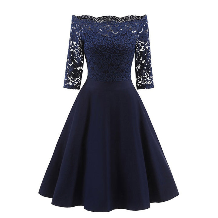 Formal women's off-shoulder midi dress, perfect for evening wear, parties, or special occasion clothing.