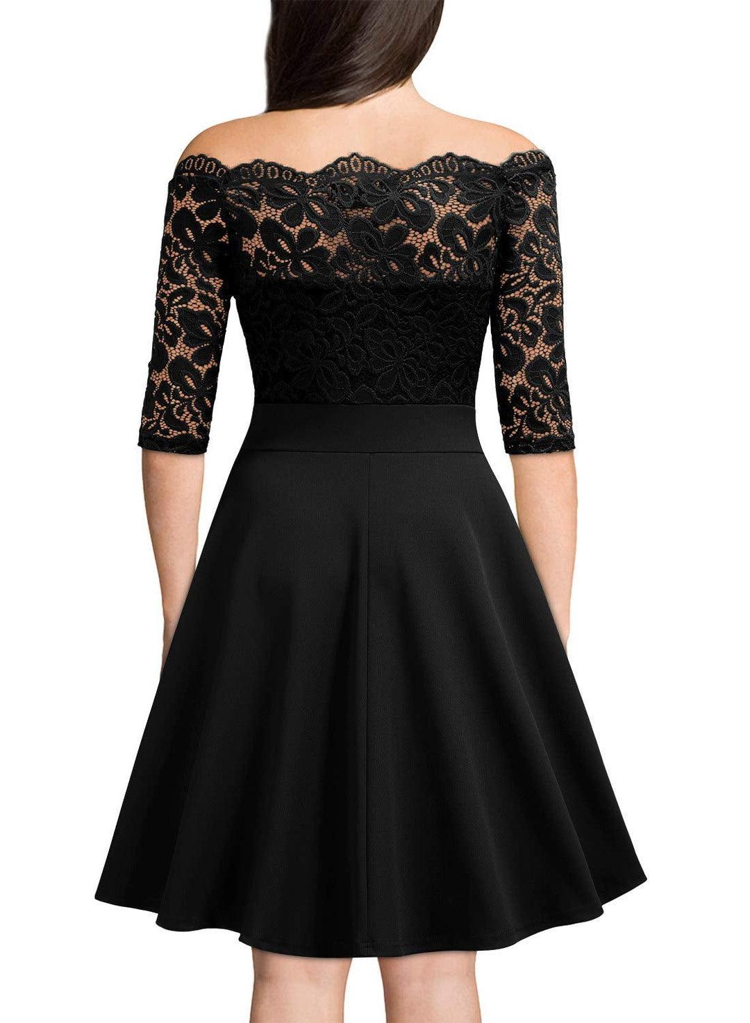 Stylish women's off-shoulder A-line midi party dress. Ideal elegant formal wear for cocktail events.