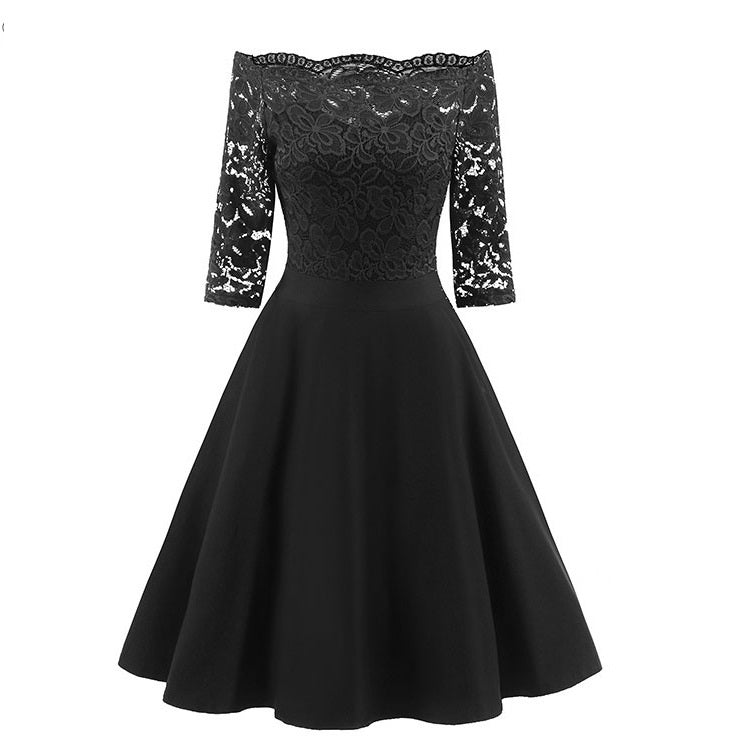 Women's elegant off-shoulder midi dress. A-line style for formal parties, evening wear, or special occasions.