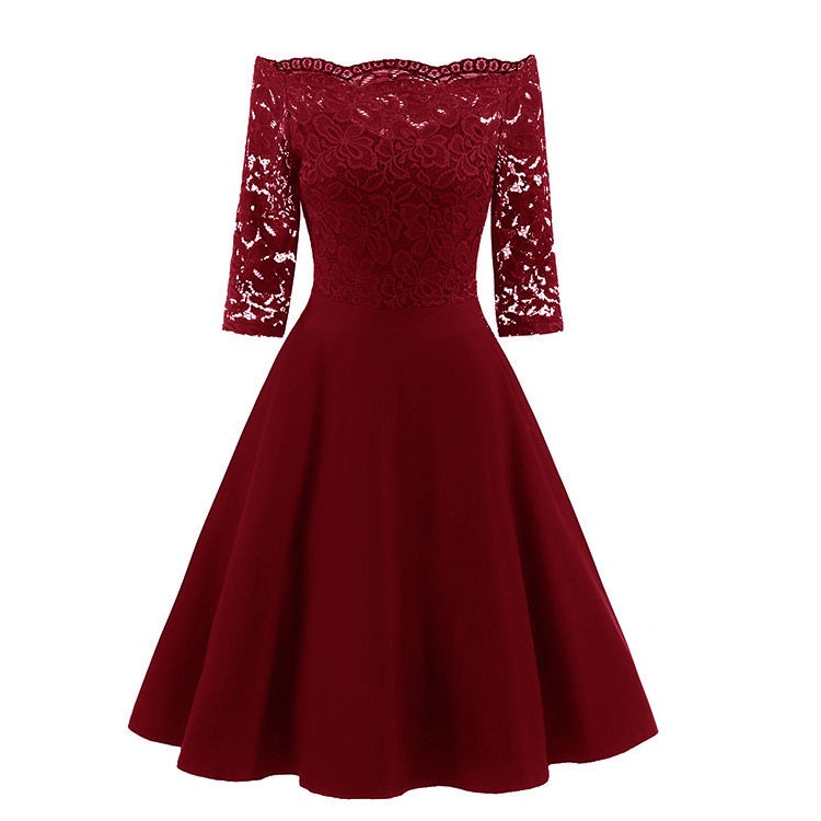 Off-shoulder elegant midi dress for women. A-line formal party wear, perfect for cocktails & special events.