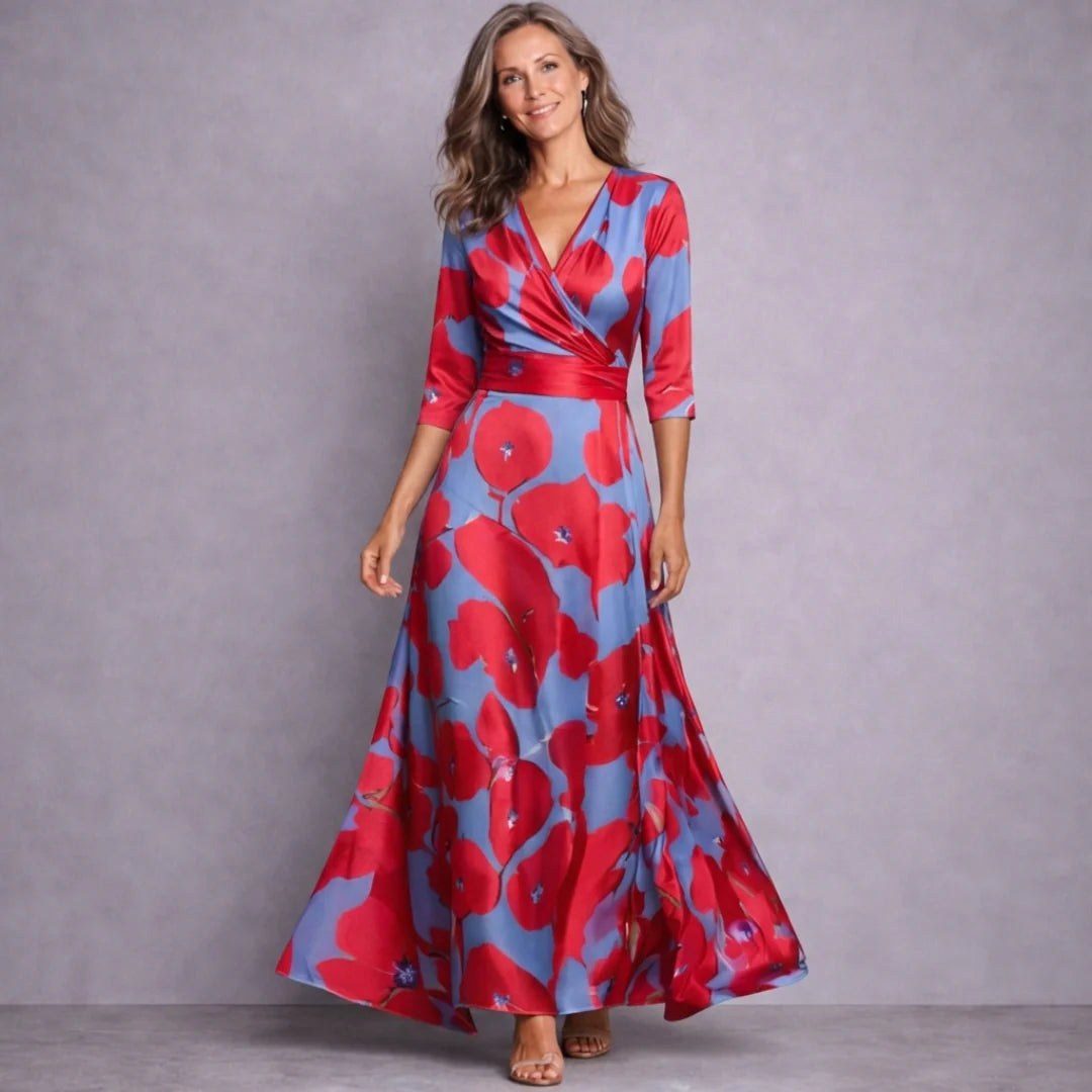 Stylish women's mid-sleeve floral maxi dress with a flowing silhouette. Ideal for spring and summer casual fashion.
