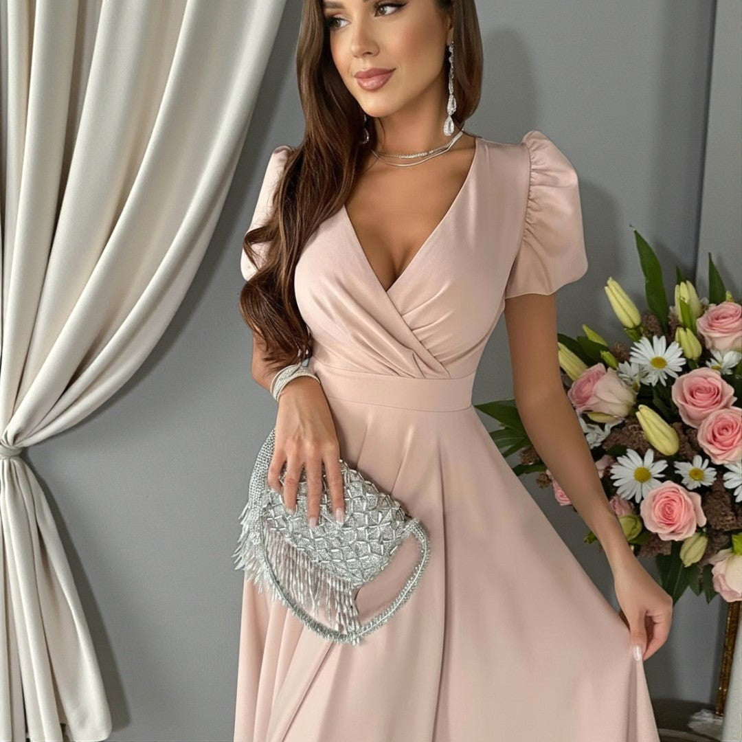 Elegant Women's V-Neck Midi Dress with flattering fit & puffed sleeves, perfect for occasion wear.