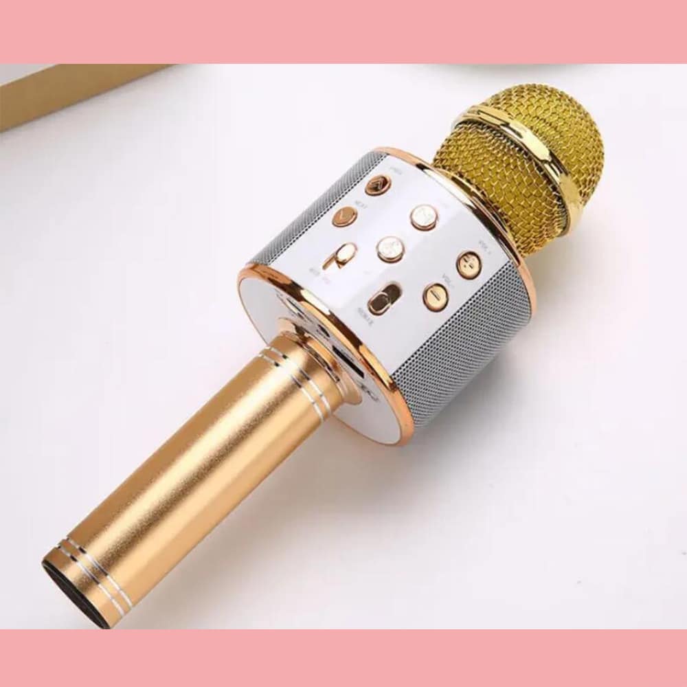 Wireless karaoke mic & speaker. Portable Bluetooth device with enhanced bass for music & party entertainment.
