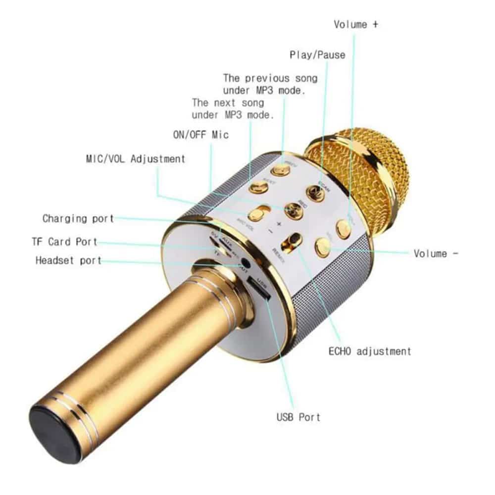 Bluetooth karaoke microphone for portable singing. Integrated speaker & enhanced bass for music and party fun.