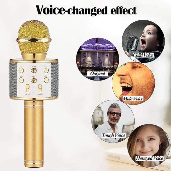 Unisex Bluetooth mic & speaker. Wireless, enhanced bass for karaoke, singing, music, and party entertainment.