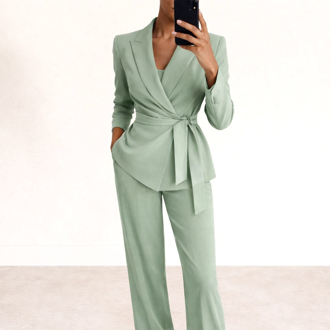 Women's elegant belted two-piece set with wide-leg trousers, perfect for modern chic fashion.
