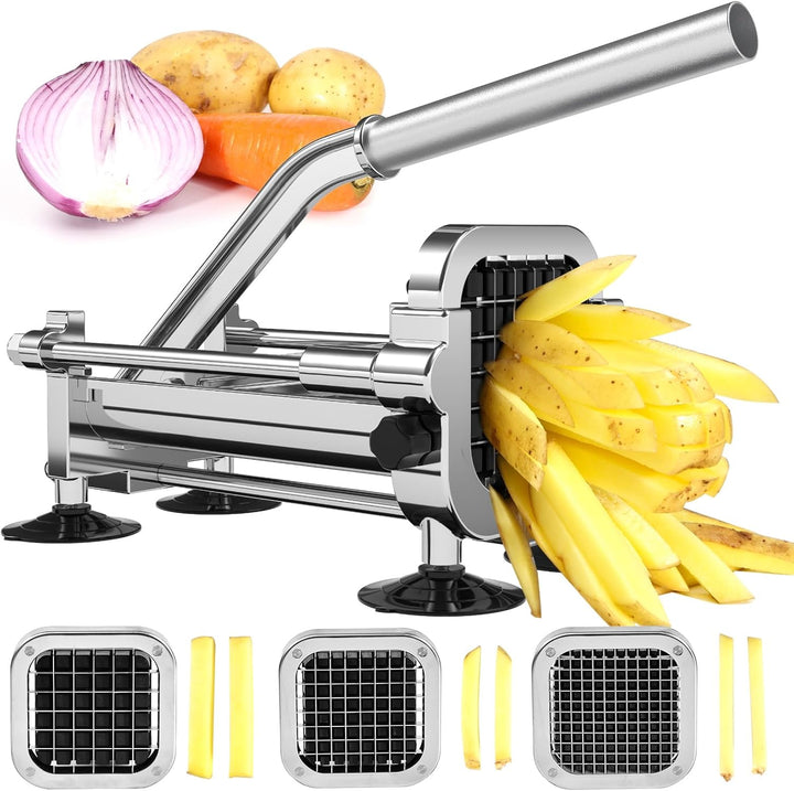 Stainless steel vegetable chip cutter for perfect homemade french fries and healthy snacks, an essential kitchen tool.