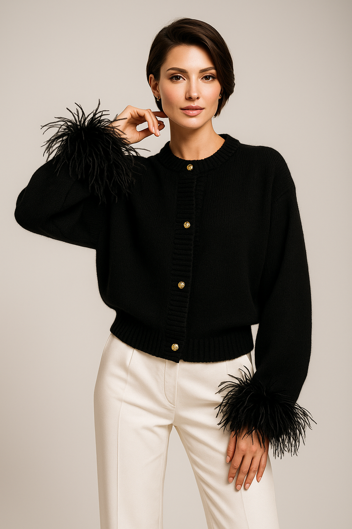 Katarina | Women's Feather Trim Button Cardigan - Black - Image 1